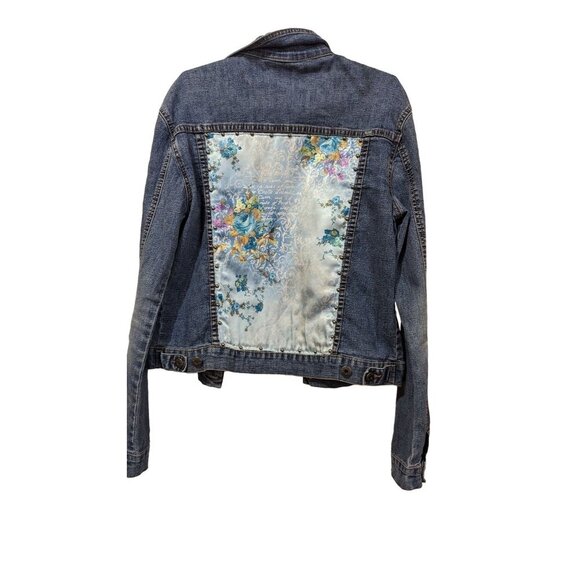 Mechant denim jean Jacket size M blue inset print floral studded - Picture 3 of 8